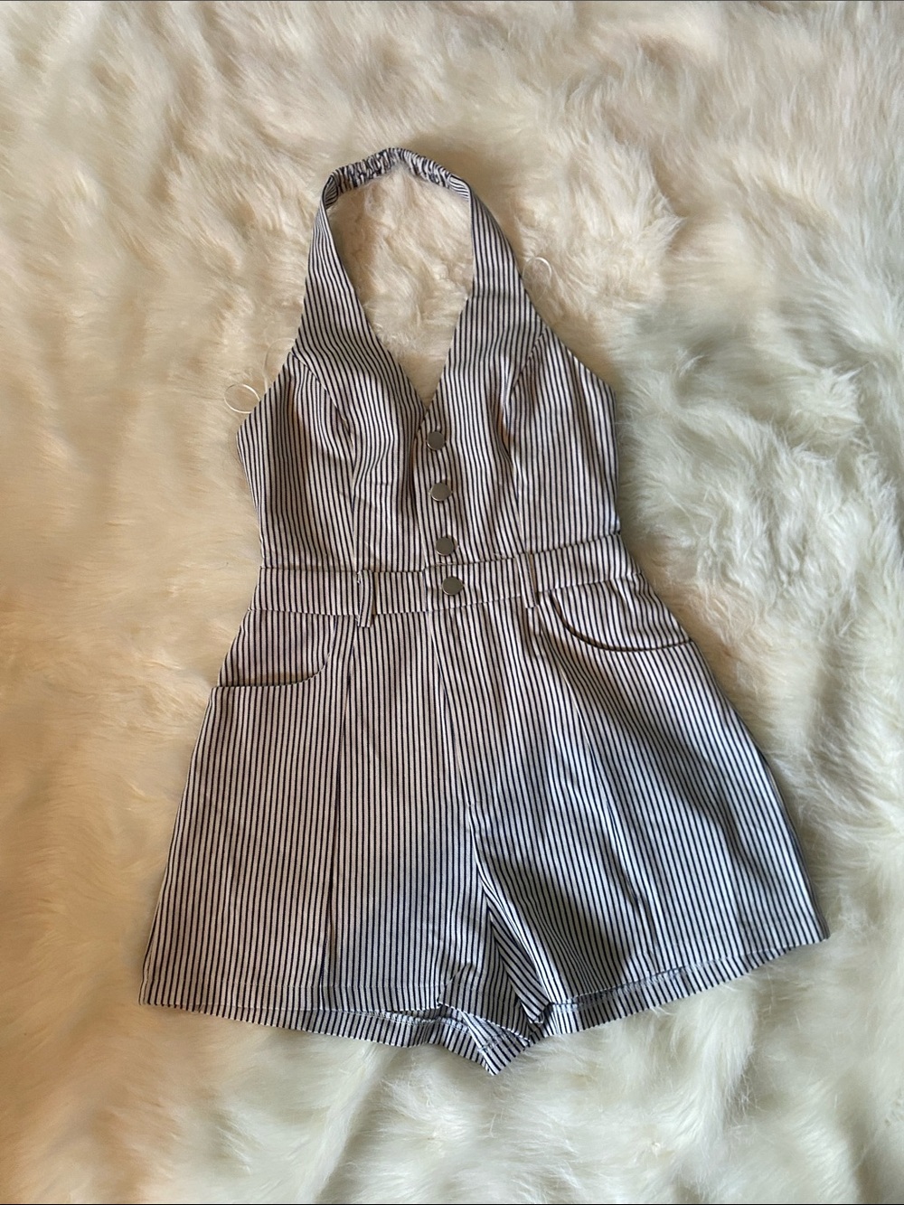 Hello Molly Navy and White Striped Halter Romper